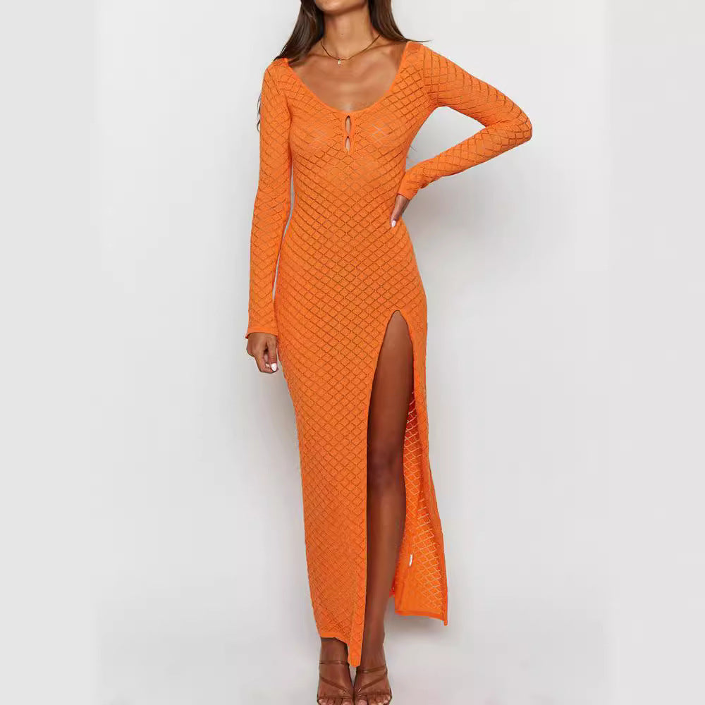 Summer Vacation Beach Dress Sexy Long Sleeve High Waist Slit Maxi Dress Mermaid Scales Smock Dress Women