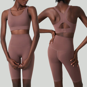 Breathing Cup Short Yoga Suit Women Nude Feel Sports Fitness Clothes Cropped Pants Two Piece Suit