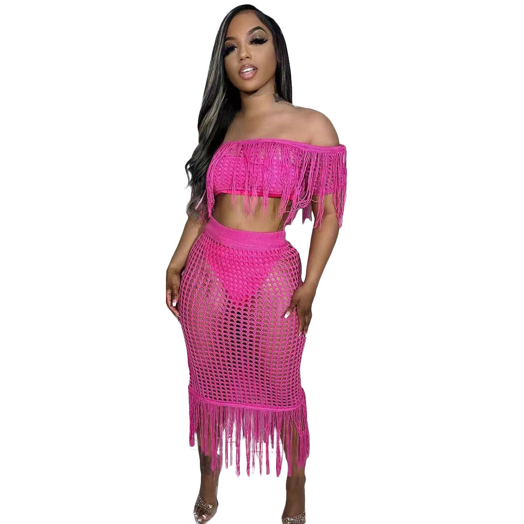 Sexy See through Knitted Hand Crochet Tassel Beach Suit