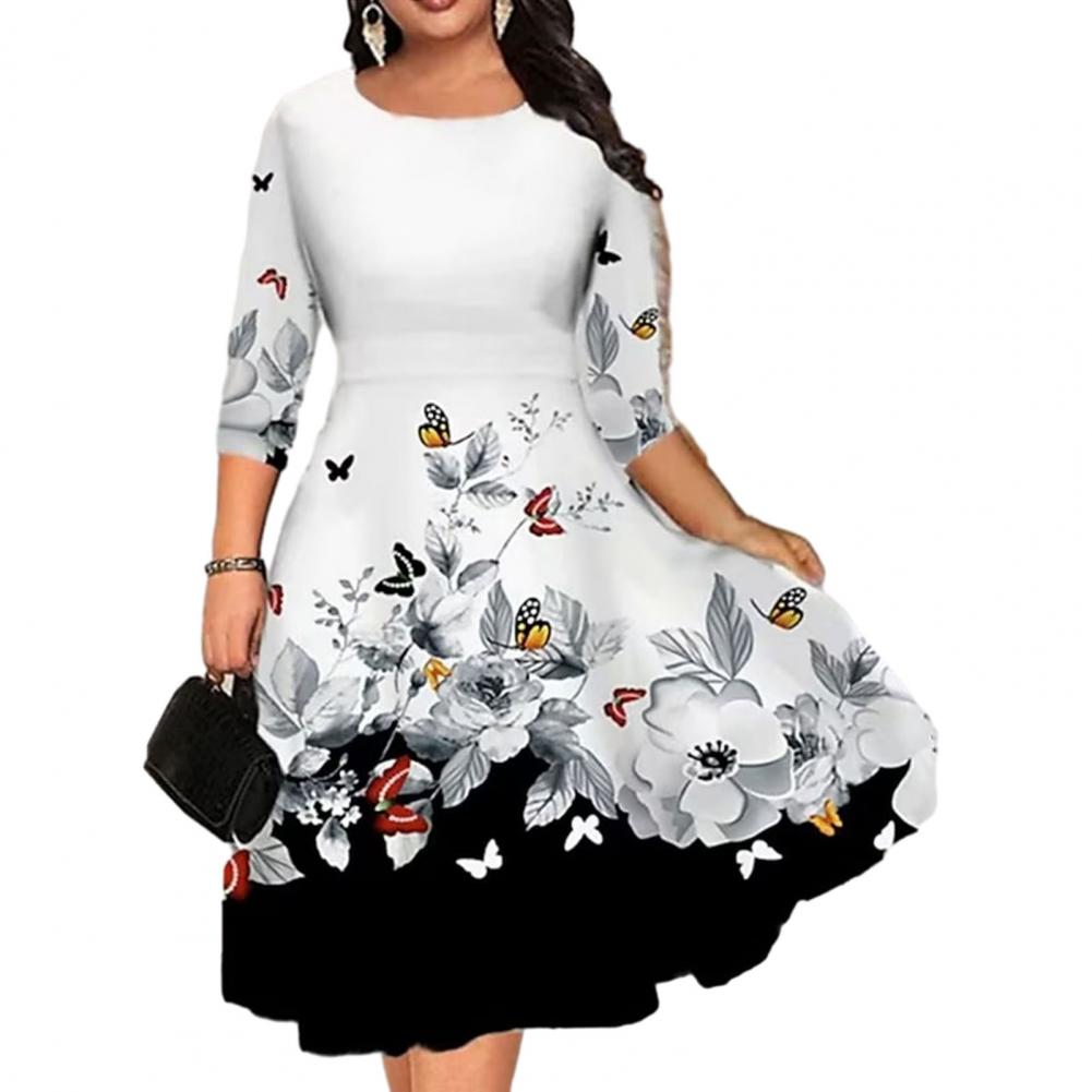 Women Dress Summer O-neck 3/4 Sleeve Midi Dress Plus Size Butterflies Printing Waist Tight Loose Hem Casual Dress Streetwear