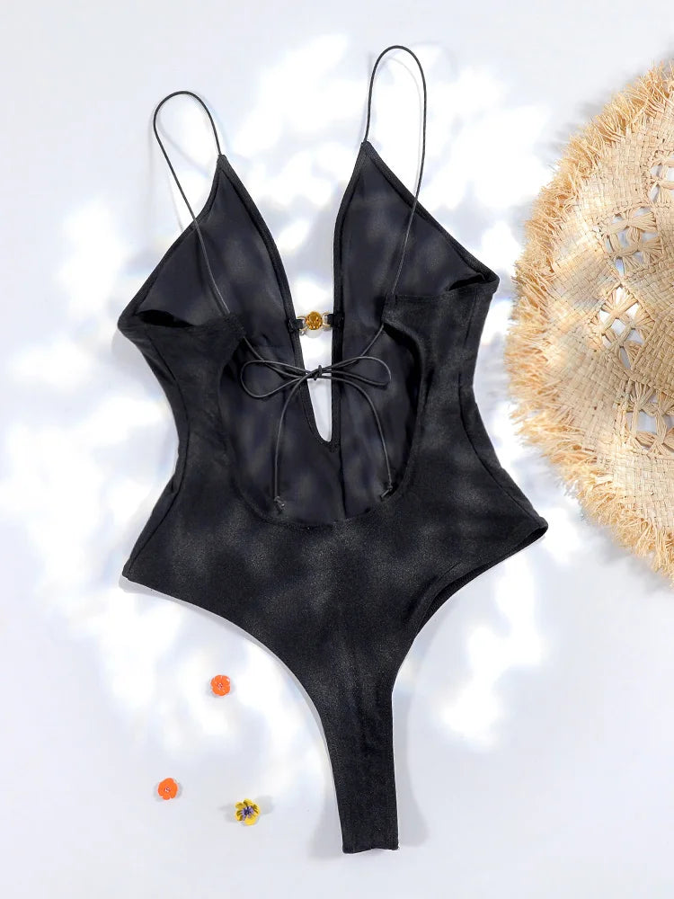 2024 Sexy Bikini Set Solid Color Swimsuit Women One Piece Suit Beach Wear Swimwear High Cut Bathing Suits Black Deep V Biquini