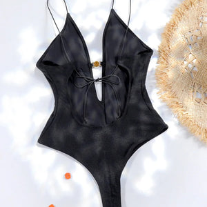 2024 Sexy Bikini Set Solid Color Swimsuit Women One Piece Suit Beach Wear Swimwear High Cut Bathing Suits Black Deep V Biquini