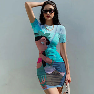 Elegant Dresses for Women 2024 Top Sexy Slim Fit Tight Women's Dress Casual Disney Stitch  Cartoon Fashion Print Mickey S-5XL