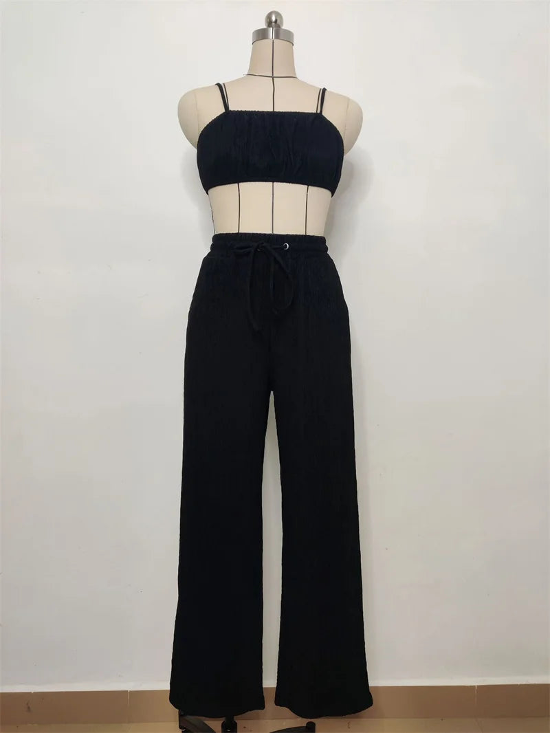 Women's Pleated Black Wide Leg Pants Set Sexy Drawstring Tracksuits Jogging Suit Short Top Streetwear Summer Outfits Y2k Clothes