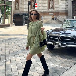 Fashion Green Women's Ruffles Pleated Mini Dress Elegant O-neck Long Sleeves High Waist Dresses Female New Vacation Vestido 2024