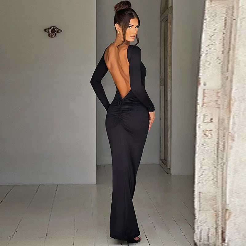 Autumn Winter Sexy Backless Bodycon Ruched Evening Party Maxi Long Dress Outfit for Women Long Sleeve Black Club Dresses Vestido