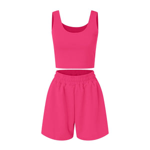 Two Piece Shorts Set Women Outfit Trendy Solid Color Sleeveless Camisoles Wide Leg Trunks Shorts Suit Casual Retro Sportswear