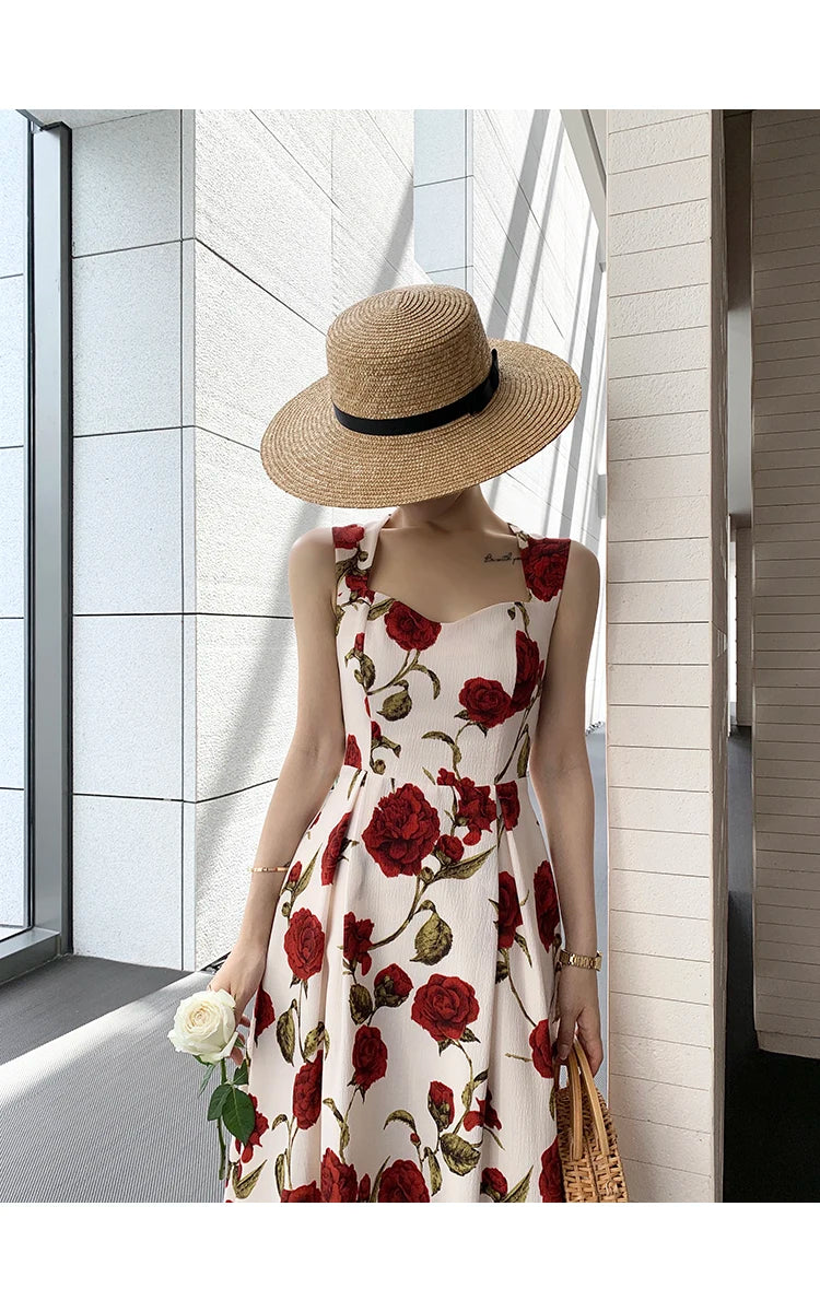 Women's Summer Elegant Floral Print Rose Strap Midi Dress Sleeveless Casual Beach Party Sundress Female Fashion A-Line Vestidos