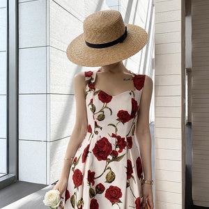 Women's Summer Elegant Floral Print Rose Strap Midi Dress Sleeveless Casual Beach Party Sundress Female Fashion A-Line Vestidos