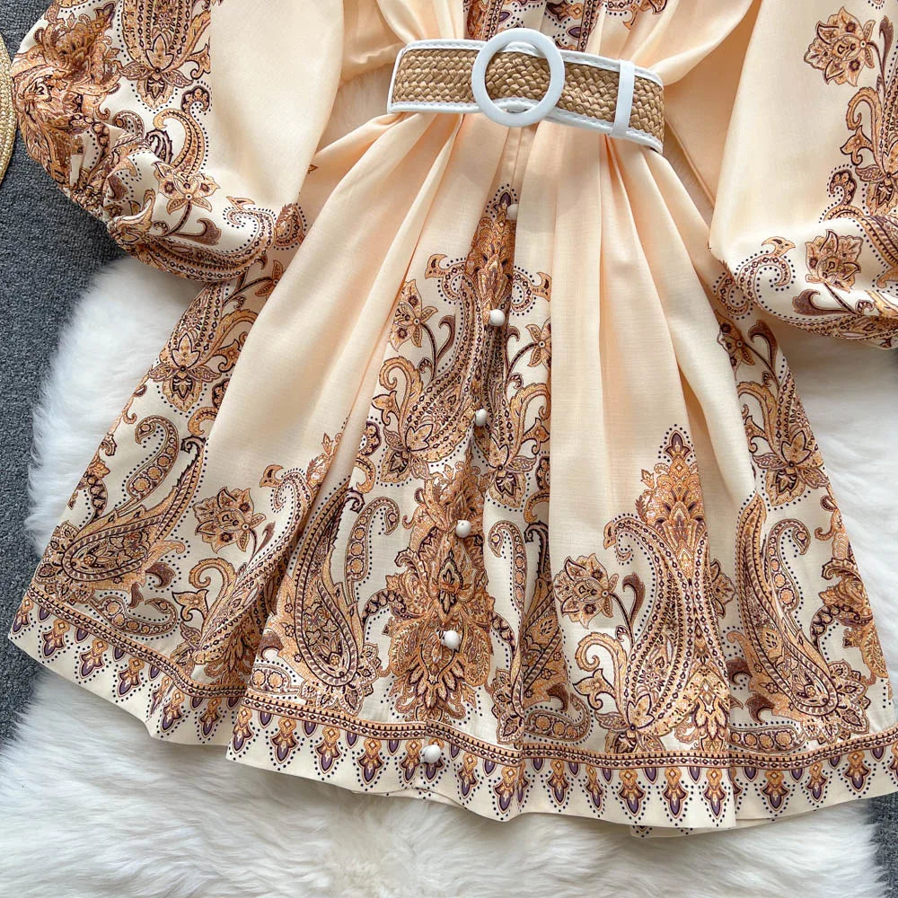 AELEWELL Women Dresses Spring 2024 Runway Fashion Paisley Print Vintage Dress V Neck Long Lantern Sleeve Belted Mini Dress