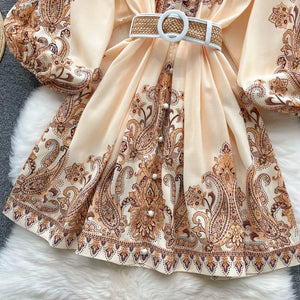 AELEWELL Women Dresses Spring 2024 Runway Fashion Paisley Print Vintage Dress V Neck Long Lantern Sleeve Belted Mini Dress