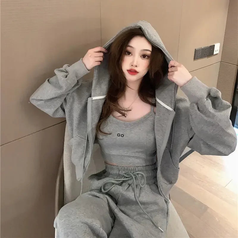 Plus Size Casual Sportswear Women's Autumn New Loose-fit Slimming Sweatshirt Jacket Vest Trousers Three-piece Set Stylish