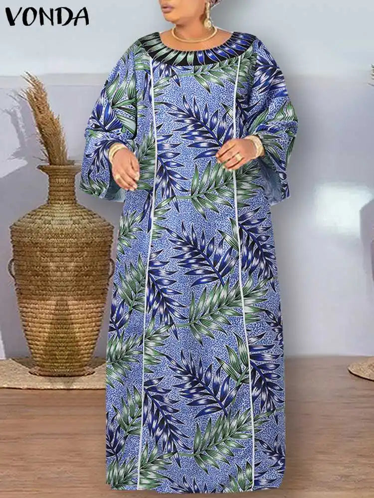 Plus Size 5XL VONDA Women Bohemian Printed Maxi Dress Long Sundress Long Flare Sleeve Casual Loose Elegant Party Vestido Robe