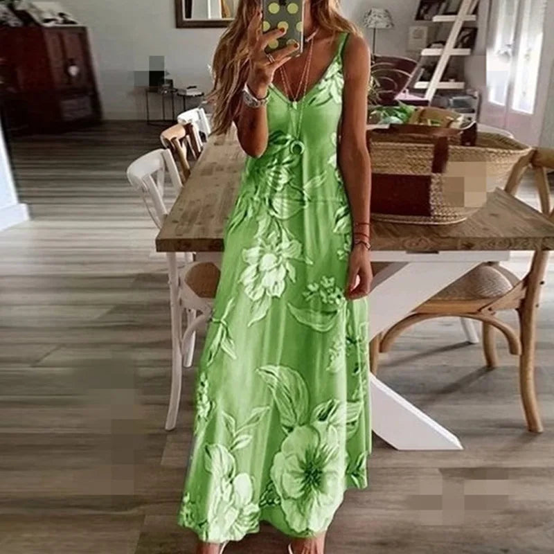 Plus Size Lady Spring Summer Dress Women V-Neck Long Dresses Elegant Casual Bohemian Sleeveless Women Beach Party Dress Woman