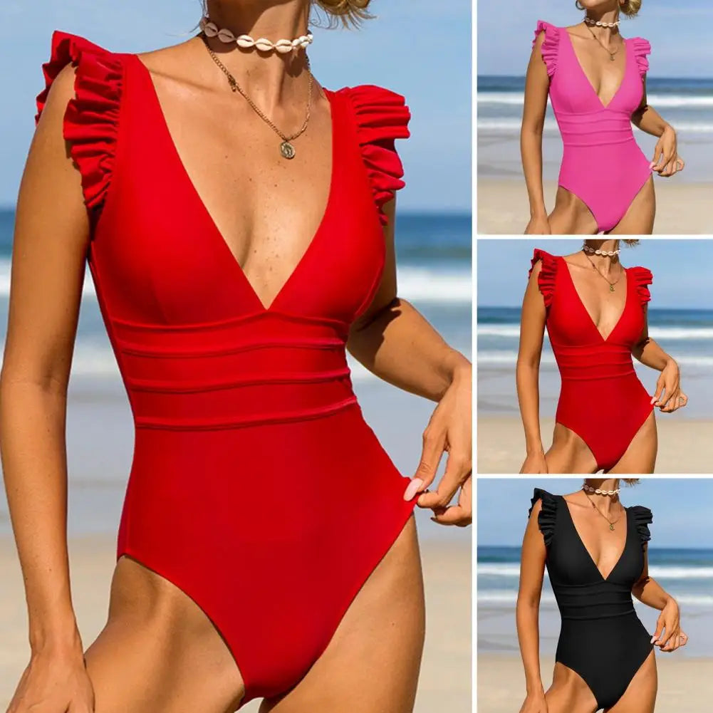 Womens One Piece Rashguard Surfing Sport Swimsuit Ruffle Sleeve Swimwear Bodysuit