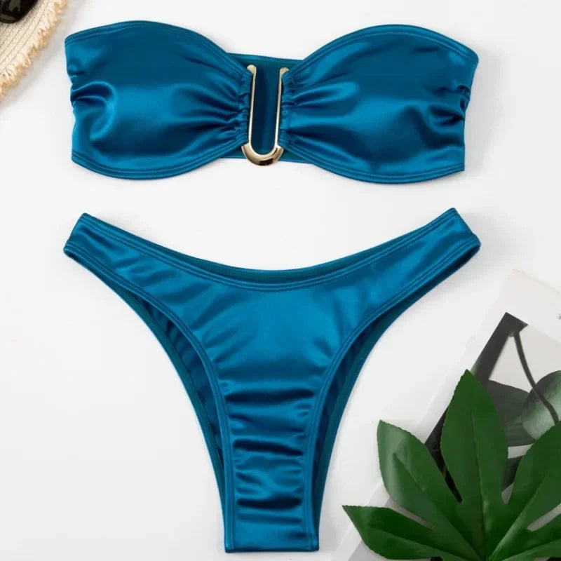 Sexy U Shaped Bandeau Bikinis Set Mujer Strapless Swimwear Women Gold Swimsuit Bathing Suit Biquinis Brazilian Bikini Swim 2024