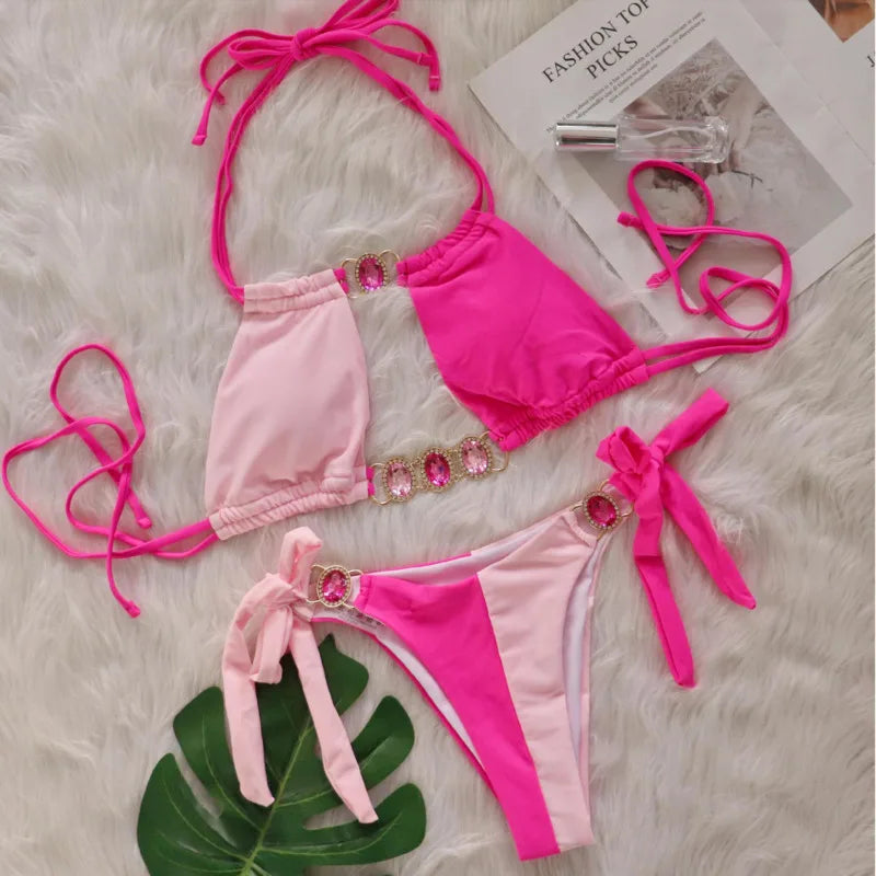 Pink Sexy Bikinis Swimsuit With Rhinestones Women Swimwear Female Push Up Bikini Beach Swim Wear Bathing Suits Pool Bather 2024