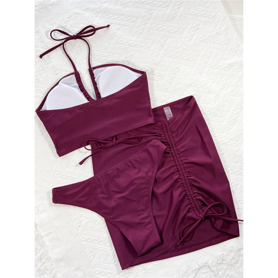 With Skirt Wrinkled Cut Out Bikini Women Swimwear Female Swimsuit Three-pieces Bikini set Bather Bathing Suit Swim Lady V3611