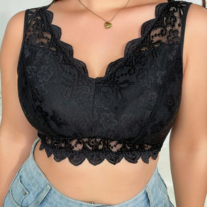 Plus Size Elegant Bra Women's Plus Contrast Floral Lace Scalloped Trim High Stretch Wide Strap Bralette