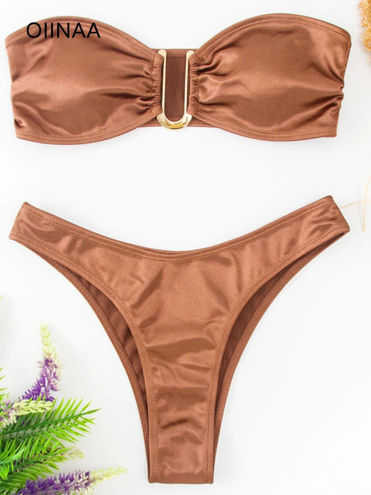 OIINAA Bathing Suit Women Sexy Solid U Shaped Swimwear Strapless Bikini Set Beachwear Female Two-pieces Summer Swimsuit Biquinis