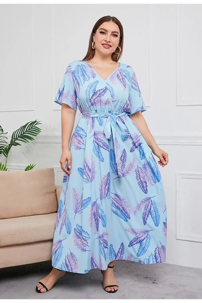 plus size New best-selling oversized loose V-neck dress for women with elastic waist  short sleeved printed long skirt