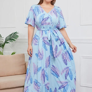 plus size New best-selling oversized loose V-neck dress for women with elastic waist  short sleeved printed long skirt