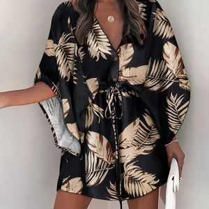 Summer Casual Dress Women Fashion Flying Sleeve V-neck Print Beach Party Dresses Elegant Lace Up Mini Dress Robe Femme 2023 New