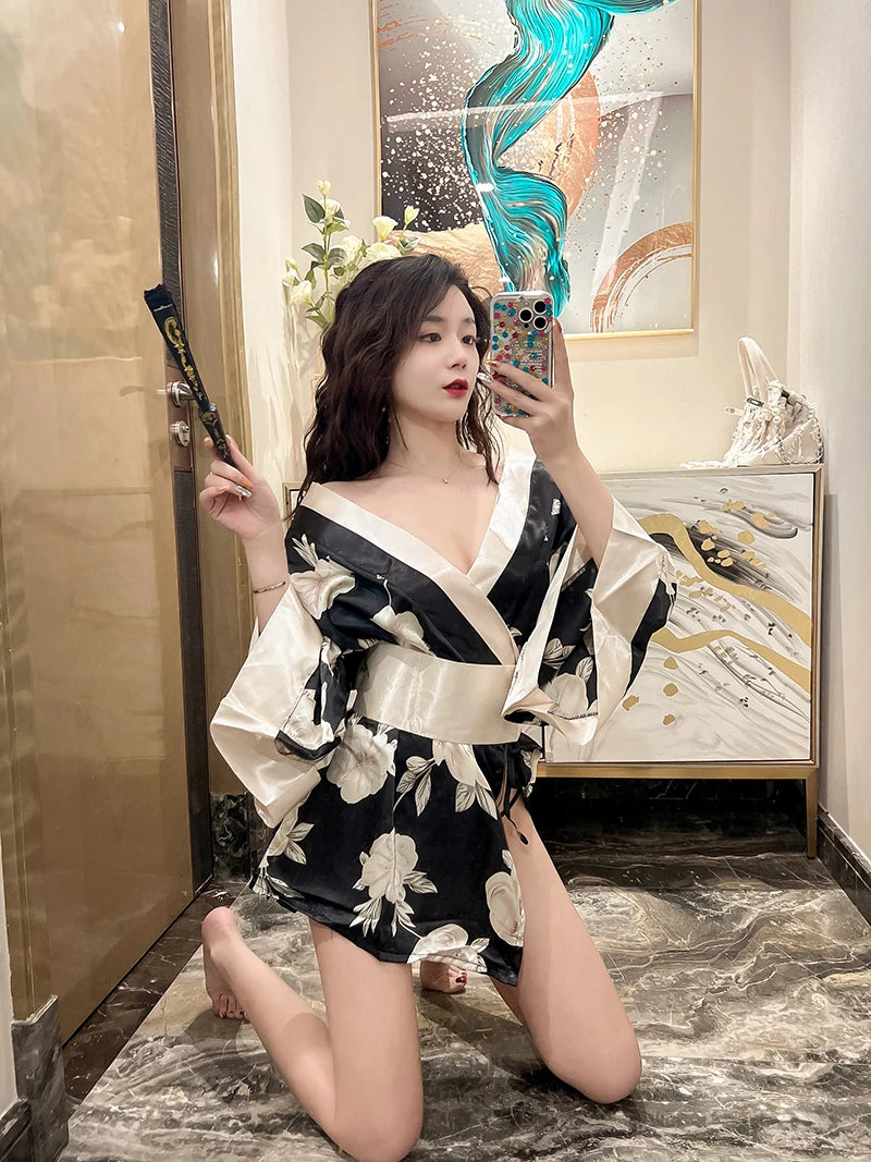 Japanese Kimono Sexy Cosplay Outfit for Women Traditional Style Robe Yukata Sakura Costume Pajamas Soft Silk Belt Lingerie Porno