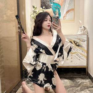 Japanese Kimono Sexy Cosplay Outfit for Women Traditional Style Robe Yukata Sakura Costume Pajamas Soft Silk Belt Lingerie Porno