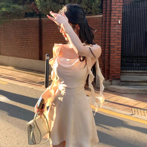 Elegant Party Y2k Mini Stain Dress Women Sleeveless Fairy Strap Dress Office Lady Vintage One Piece Dress Korean 2024 Summer