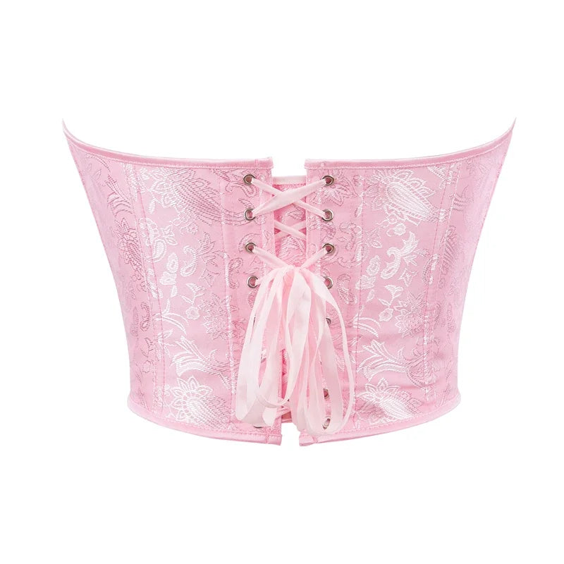 Short Torso Pink Lace Up Corsets Crop Top Plastic Boned Overbust Brocade Slim Body Shaper Women Sexy Lingerie