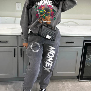 LW Plus Size Two Piece Sets Figure Letter Print Pants Set Autumn Women Tracksuit Oversized Suit Female Sweatshirt Sports Hoodie