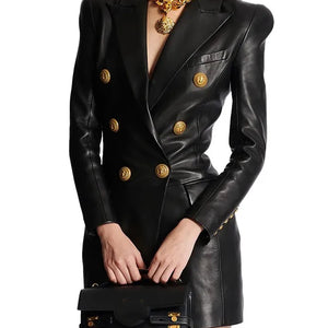 HIGH STREET Newest Fashion 2024 Designer Women's Lion Metal Buttons Faux Leather Blazer Dress