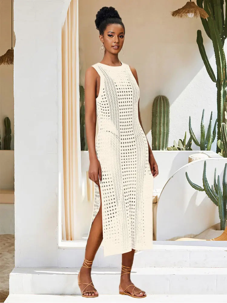 White Crochet Mesh Sleeveless Slit Wrap Beach Dress 2023 Autumn Woman Sexy Hollow Out Knitted Beachwear Swimsuit Cover-ups Q1513