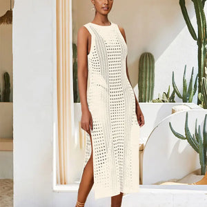 White Crochet Mesh Sleeveless Slit Wrap Beach Dress 2023 Autumn Woman Sexy Hollow Out Knitted Beachwear Swimsuit Cover-ups Q1513