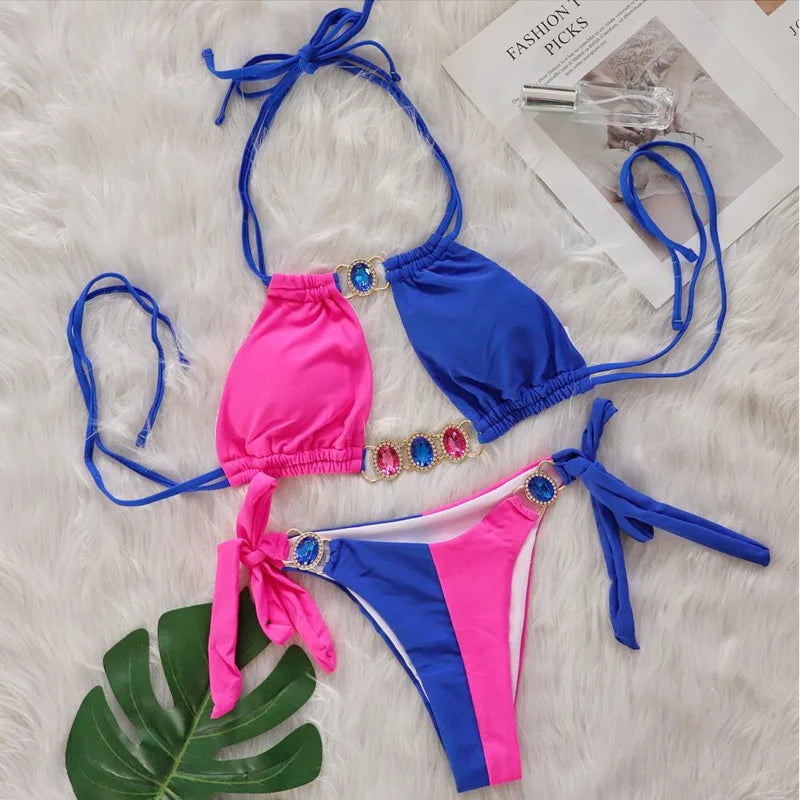 Pink Sexy Bikinis Swimsuit With Rhinestones Women Swimwear Female Push Up Bikini Beach Swim Wear Bathing Suits Pool Bather 2024