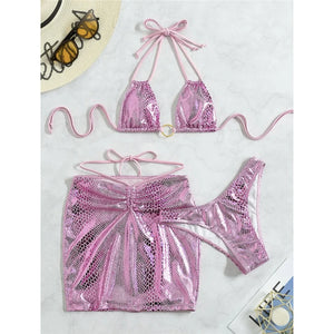 Sexy With Skirt Shiny Snake Skin Bikini Women Swimwear Female Swimsuit Three-pieces Bikini set Bather Bathing Suit Swim K4237