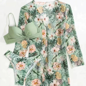 Floral Print 3 Pieces Swimsuit Women Strappy Bikini Set+Long Sleeve Blusas Cover-Up Swimwear Sexy Low Waist Push Up Bathing Suit