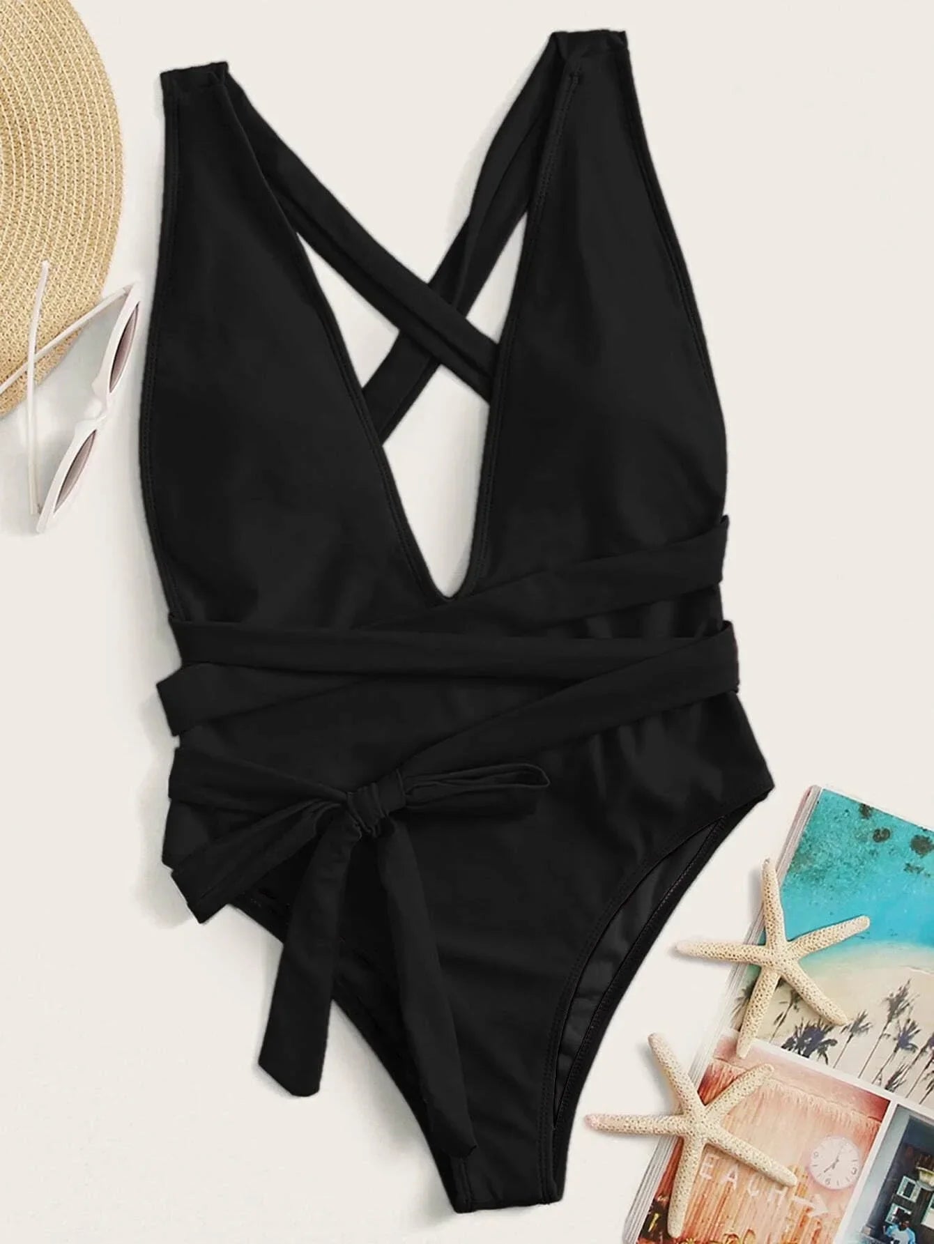 Sexy Solid One Piece Swimsuit Women Push Up Lace Up Bandage Bodysuit Brazilian Deep V Neck Backless Bathing Suit Swimwear