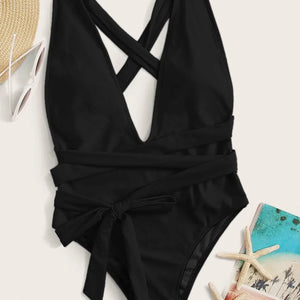 Sexy Solid One Piece Swimsuit Women Push Up Lace Up Bandage Bodysuit Brazilian Deep V Neck Backless Bathing Suit Swimwear