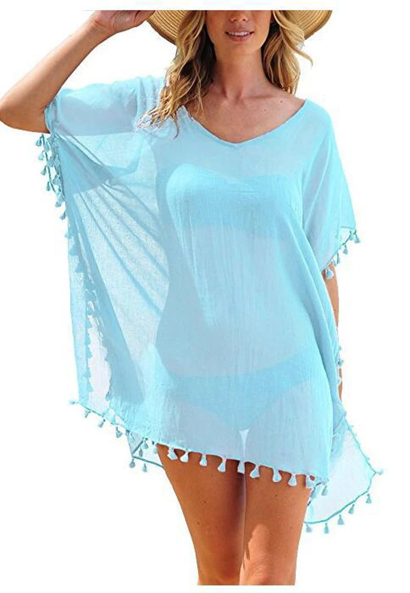 Summer Chiffon Tassels Beach Dress Women Swimwear Bikini Cover Up Female Mini Loose Solid Pareo Tops Swimsuit