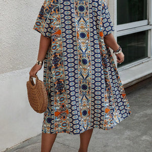 Women's Plus Size Printed Two-piece Set, featuring a bohemian print open front kimono with short sleeves and shorts ensemble.