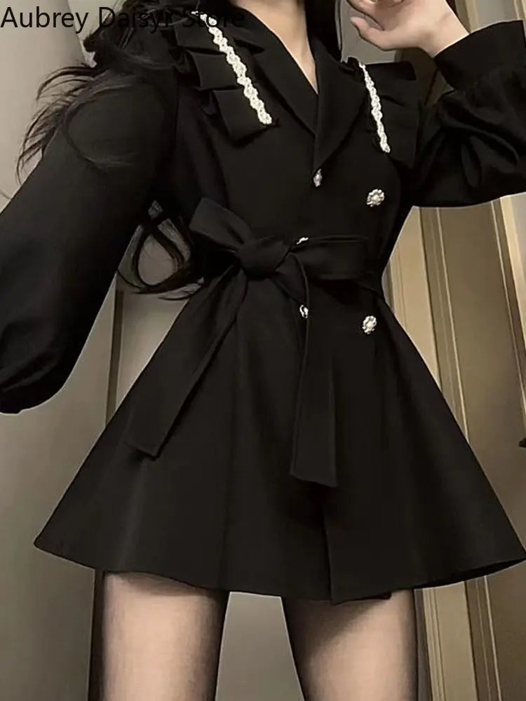 Korean Fashion Black Mini Blazer Dress Women Elegant Chic Sashes Button Design Dress Winter Casual Sexy Evening Party Dress New