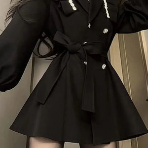 Korean Fashion Black Mini Blazer Dress Women Elegant Chic Sashes Button Design Dress Winter Casual Sexy Evening Party Dress New