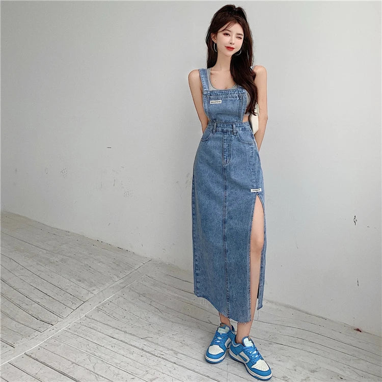 Sleeveless Women Denim Suspender Dress Spring New Midi Skirt Blue Korean Fashion Polo Collar Streetwear Female Braces Slit Dress