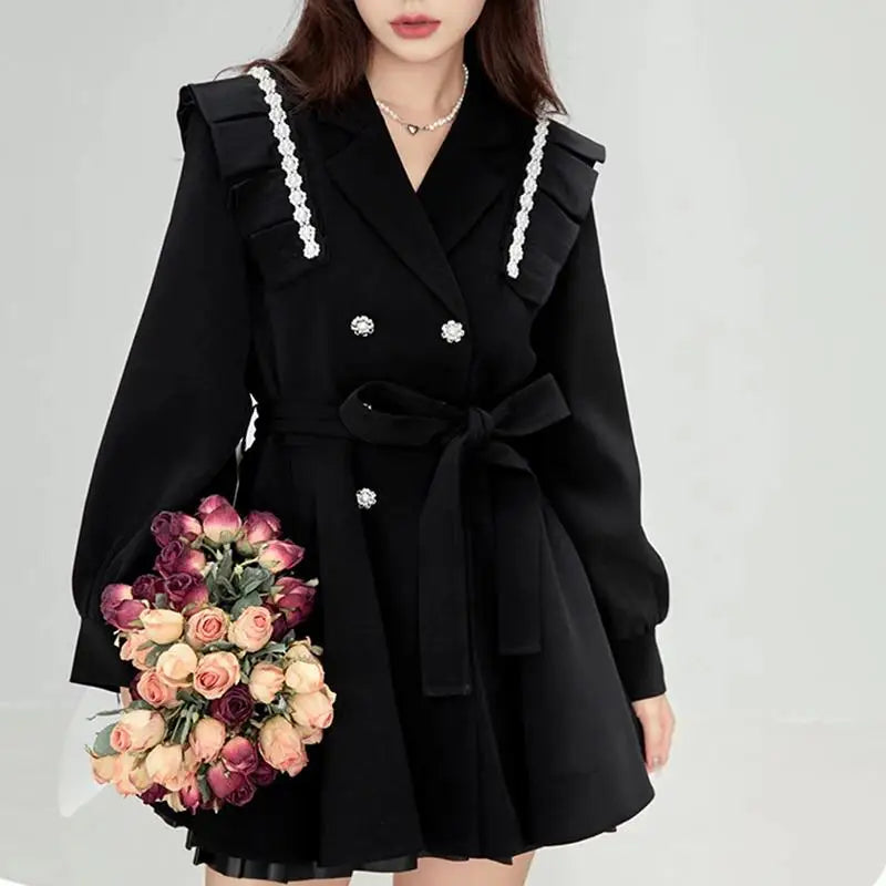 Korean Fashion Black Mini Blazer Dress Women Elegant Chic Sashes Button Design Dress Winter Casual Sexy Evening Party Dress New