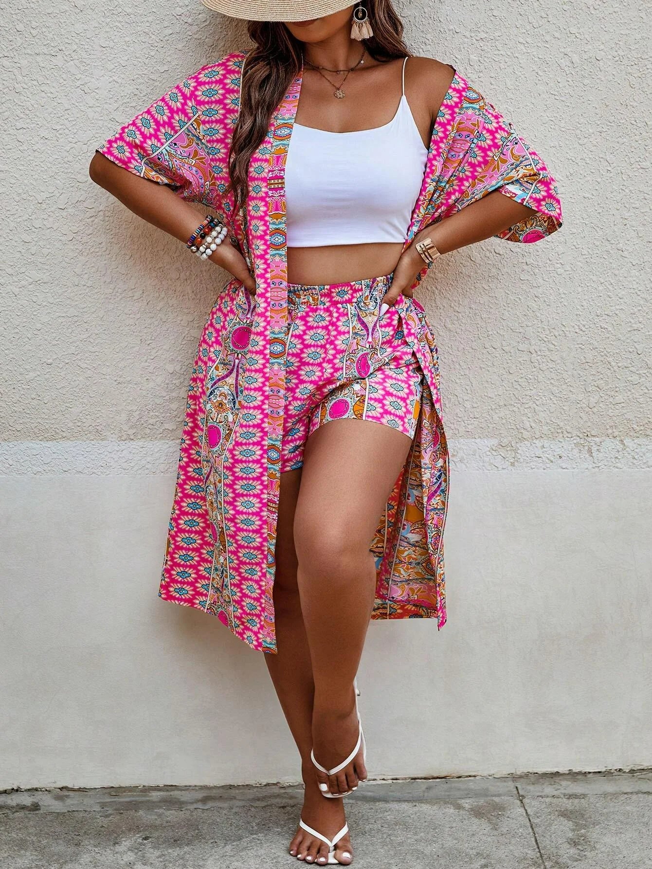 Women's Plus Size Printed Two-piece Set, featuring a bohemian print open front kimono with short sleeves and shorts ensemble.