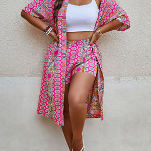 Women's Plus Size Printed Two-piece Set, featuring a bohemian print open front kimono with short sleeves and shorts ensemble.