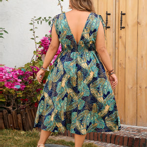 GIBSIE Plus Size Tropical Print V-neck Backless Dress Women Sexy Knot Shoulder Beach Style Vacation Summer Long Dresses 2024