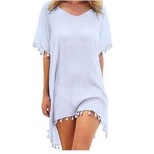 Summer Chiffon Tassels Beach Dress Women Swimwear Bikini Cover Up Female Mini Loose Solid Pareo Tops Swimsuit